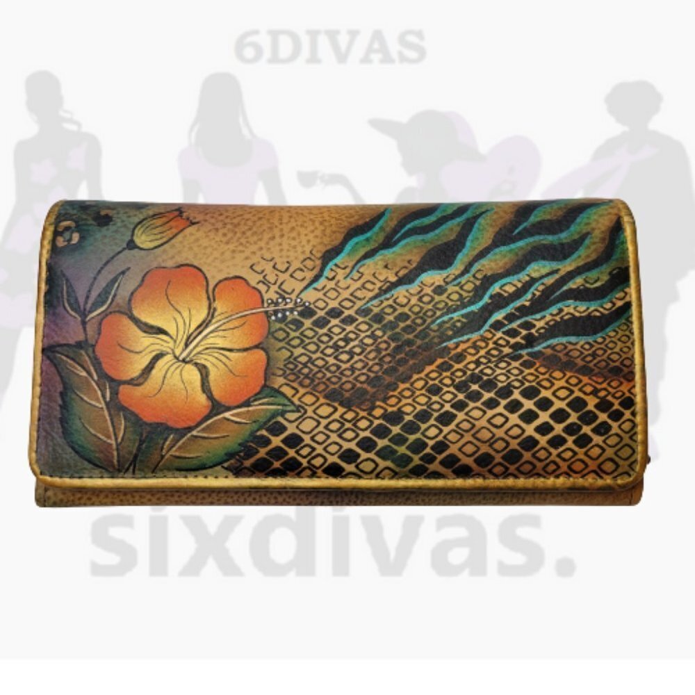 Leather WALLET, Anuschka Handpainted leather hibiscus flower wallet